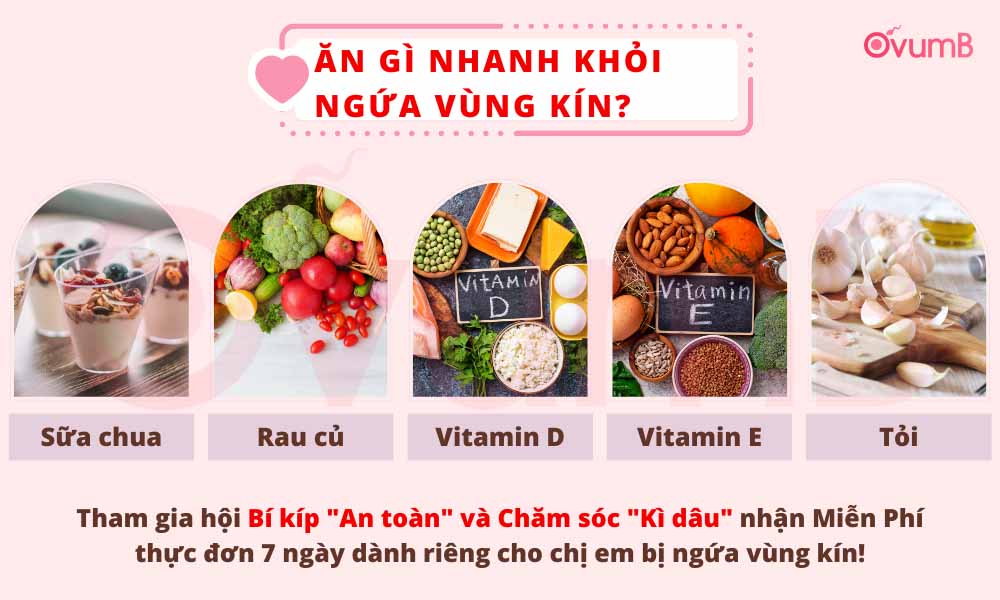 Kết hợp với chế độ ăn uống lành mạnh để tăng cường sức đề kháng, nhanh chóng đẩy lùi ngứa vùng kín. Một số thực phẩm xuất hiện thường xuyên trong căn bếp mỗi nhà như: Sữa chua, Trái cây tươi và rau xanh, Tỏi, Bổ sung các thực phẩm giàu vitamin D, E